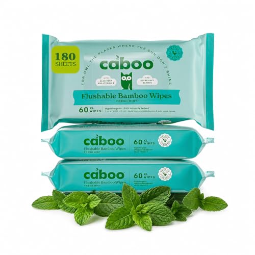 Image of Caboo Mint Flushable Wipes, Certified Flushable, Septic Safe, Chemical Free, Biodegradable Wipes for Adults made with Renewable Bamboo Based Viscose (Pack of 3, Total of 180)