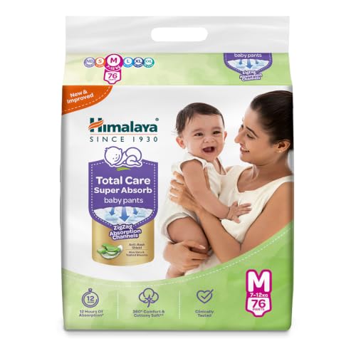 Image of Himalaya Total Care Super Absorb Baby Pants Diaper | Size M (Medium) 76 Count | Pack of 1 | 7-12 kg | Breathable & Rapid Zig Zag Absorption | Keeps Skin Calm & Rash Free