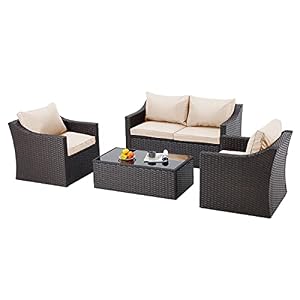 EROMMY 4 Pcs Patio Furniture Sets, Retro Wicker PE Rattan Conversation Furniture Set with 4 Seats, Tempered Glass Table…