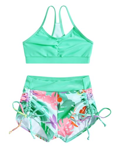 Image of Funnycokid Girls Swimsuit 3 Pieces Zip Rash Guard Bathing Suits Set Kids Bikini Boyshort Summer Swimwear 3-14 Years