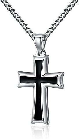 Reve Stainless Steel Black & Silver Cross Pendant Necklace for Men Women, 20-24 Inches Curb Chain (Black: 24'' Curb Chain)