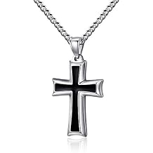REVEMCN Reve Stainless Steel Black & Silver Cross Pendant Necklace for Men Women, 20-24 Inches Curb Chain