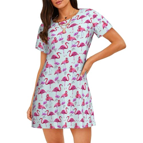 Chemise de nuit légère respirante manches courtes femme imprimé flamants roses