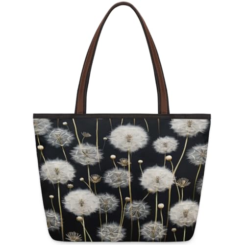 Art Dandelion Pattern Tote Bag Tote Purse for Women with Zipper Large Polyester Tote Bags for Travel Work