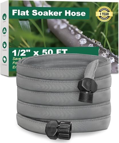 Haeteir Flat Soaker Hose for Garden Beds 50 ft,Linkable Drip Irrigation Hose Save 80% Water...
