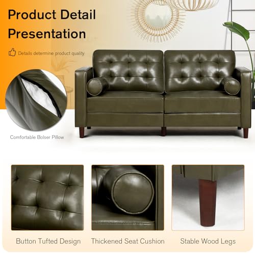 Image of 67 inch Premium Faux Leather 2-Seater Sofa with 2 Bolster Pillows and Tufted Backrest, Mid-Century Modern Loveseat Sofa, Luxury Couch for Living Room, Bedroom, Office, Olive Green
