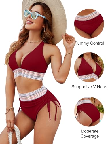 Image of Blooming Jelly Women High Waisted Bikini Sets Tummy Control Swimsuits Color Block Two Piece Drawstring Bathing Suit