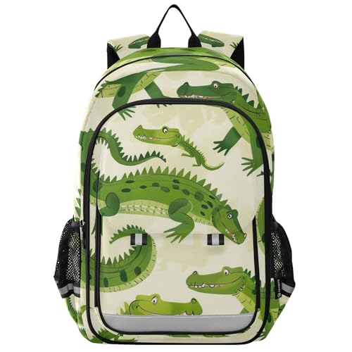 Alligators Green Crocodile School Backpack Laptop Travel Backpack for Kids Girls Boys, Computer Notebooks Bookbag with Reflective Stripes