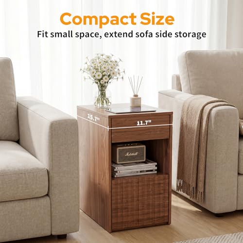 Image of Eongdon Fluted Nightstand, Mid Century Modern End Table with 2 Drawers and Open Storage, 11.7 inch W Narrow Bedside Table Organizer Compact Space Saving Night Stand for Bedroom, Sofa Side, Walnut