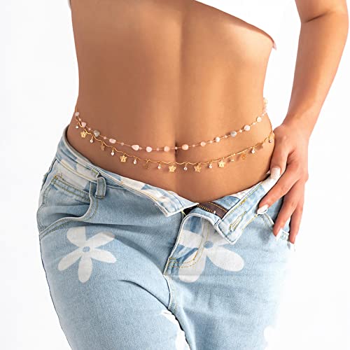 Lamtwbos Layered Pearl Waist Chains For Women Girls Adjustable Butterfly Summer Belly Chain Jewelry Beach Bikini Chain，Gold #TOP2