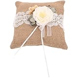 Beavorty Almohada Vintage para Anillos de Boda de Lino con Flores de Encaje, Cojín Rústico y Resistente para Ceremonias de Compromiso y Propuestas