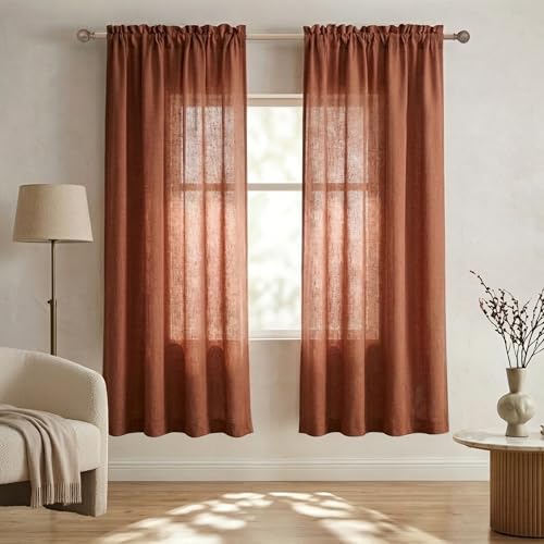 Rust Sheer Curtains 72 Inch Length for Kids Bedroom Pair Set Rod Pocket Window Panels Linen Semi Sheer Light Reducing Fall Colored Terracotta Curtains for Dining Room Living Sitting Boho Decor 72 Long