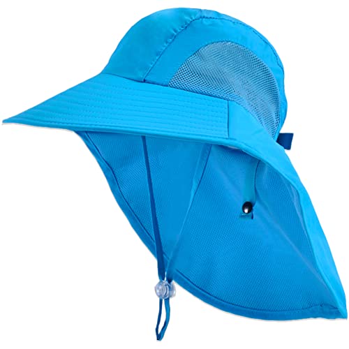 Kids Sun Hat with Neck Flap - Unisex Adjustable Children Wide Brim Summer UPF50+ Sun Protection Mesh Bucket for 4-12y