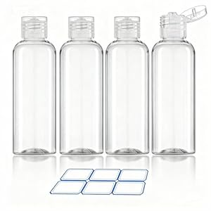 4 Pack 3.4 Oz (100ml) TSA Approved Travel Bottles for Toiletries, Leak Proof Plastic Travel Essentials Accessories with Labels | 4 Pack, TSA Approved, for Toiletries, Leak Proof, with Labels