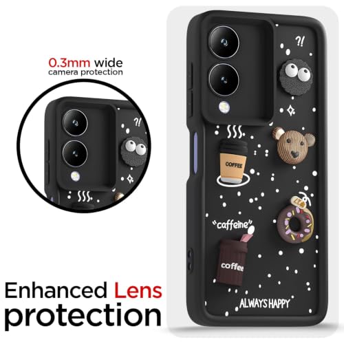 Image of Bintage Cute Fun Taddy Cartoon 3D Ball Bear Milk Donut Coffee Cup Silicon Case Full Body & Camera Protection Back Cover Compatible for Vivo Y17s - Black