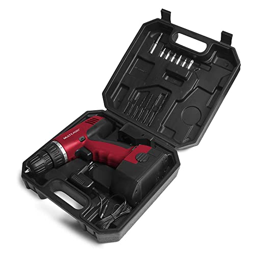 Parafusadeira e Furadeira Elétrica Bivolt com Bateria de Lithium 12V + Maleta para Transporte Vermel