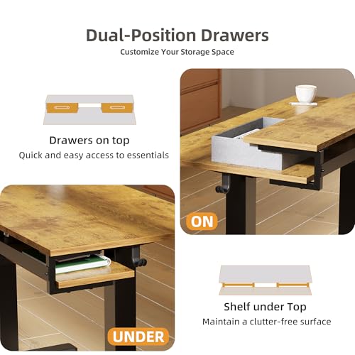 Image of Claiks Electric Standing Desk with 2 Drawers, 48 Inch, Rustic Brown