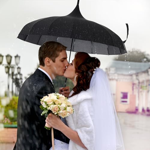 Queekay 2 Pcs Gothic Pagoda Umbrella 36\" Large Retro Parasol for Rain or Sun, Wedding Umbrella, Vampire & Gothic Lover Gifts(Pure Black) - Thumbnail 5