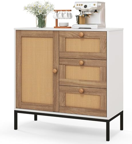 GOPLUS Aparador de Ratán con Puertas y Cajones, Armario de Cocina con Patas de Metal Elevadas, Armario de Almacenamiento para Cocina, Salón y Pasillo, 80 x 35 x 80,5 cm