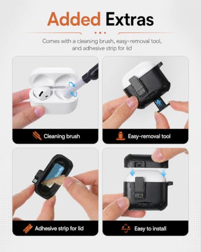 Image of for AirPods 4 Case with Lock (Black) | Compatible with MagSafe,with Phone Stand,with Automatic Snap Switch Carbon Fiber Design Protection Cover with Cleaning Pen