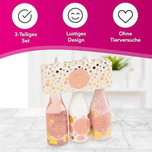 accentra - Let's celebrate Geschenkset Frauen in Plastik Sekt-Fläschchen - Bade- & Duschset mit Tea Rose & Velvet inkl. Duschgel, Bodylotion & Badesalz - 3-Teiliges Wellness Set für Damen & Mädchen – Bild 4