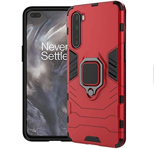 Image of WOW IMAGINE Shock Proof Back Case Mobile Cover for 1+ OnePlus Nord (Armor | Hybrid PC + TPU | Full Protection with Ring Holder Kickstand | Red)