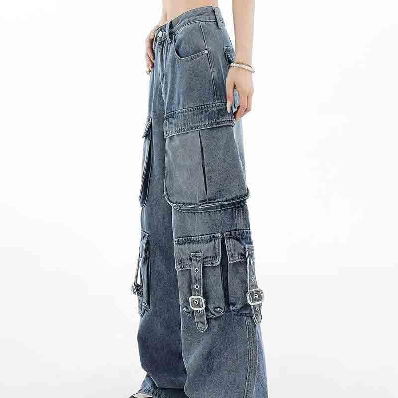 BXCNCKD Women's Retro Washed Workwear Jeans, Multi Pocket Street Loose Wide Leg Jeans, Y2K Jeans - Image 4