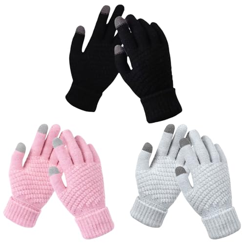 MUNSKT 3 pares de guantes de pantalla táctil térmica, camiseta elástica forrada de lana cálida de invierno, uso telefónico interior al aire libre, conducción correr ciclismo senderismo esquí