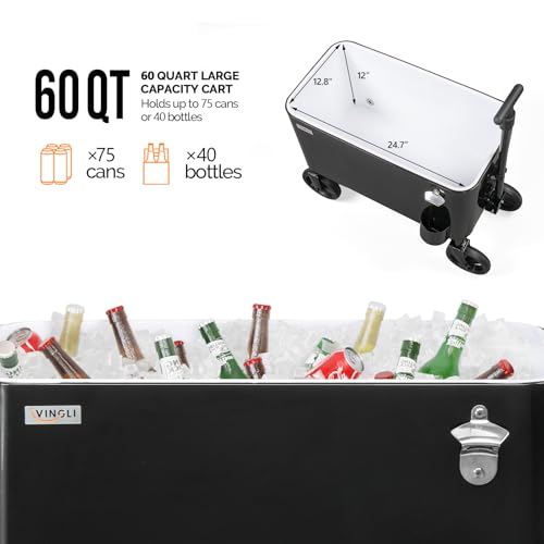 Image of VINGLI 80 Quart Wagon Rolling Cooler Ice Chest, w /Long Handle and 10 inch Wheels, Portable Beach Patio Party Bar Cold Drink Beverage, Outdoor Park Cart on Wheels