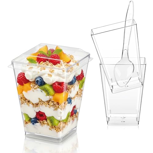 Hiasobre 5oz 75Pcs Plastic Dessert Cups with Lids and Spoons, Reusable Clear Parfait Appetizer Cups, Square Party Shooter Serving Cup, Mini Dessert Shot Glasses for Tasting