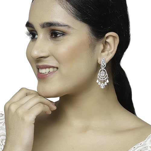 Image of ZENEME Rhodium-Plated American Diamond Studded Oval & Leaf Shaped Drop Earrings For Girls and Women