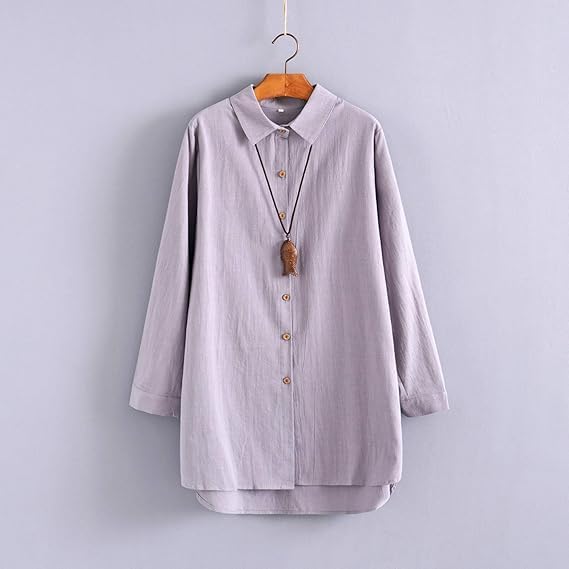 Minibee Women's Cotton Shirts Tunics Hi Low Tops Boyfriend Button Down Blouse - Image 2