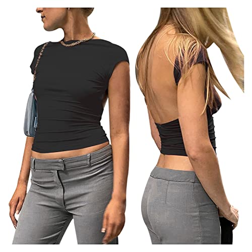 Haut court sexy dos nu pour femme - Couleur unie - Col rond - Manches longues - Coupe ajustée - Décontracté Y2K, H Noir à manches courtes, S Cover