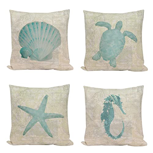 Fukeen Ocean Beach Outdoor Throw Pillow Covers 18X18 Inch Set Of 4 Coastal Starfish Sea Turtle Scallop Seahorse Marine Animals Pillow Cases Cushion Cover White Linen Vintage Nautical Map Pillowcase #TOP22