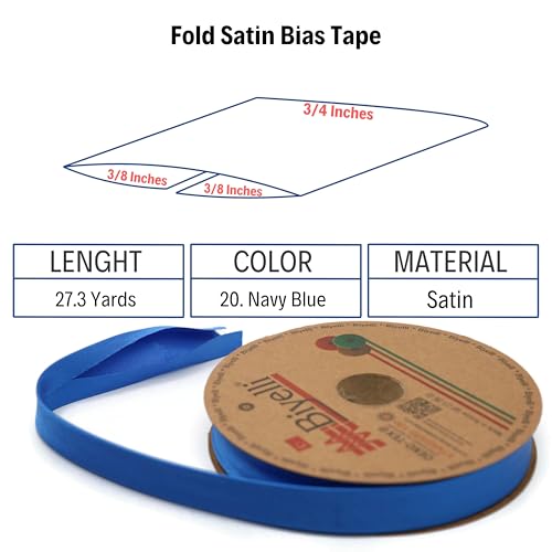 Image of Fold Satin Bias Tape - 99+ Colors - 3 /4 Inches Wide - 27 Yards - Fold Satin Binding Bias Ribbon Fabric Piping Bias Binding Tape for Sewing Clothing Navy Blue DIY BYS20