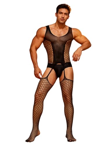 ohmydear Fishnet Mankini for Men UK One-Piece Sissy Lingerie with Suspender Stockings Sexy Underwear for Bedroom Stag Do Outfits Fancy Dress Costume XS-5XL Black