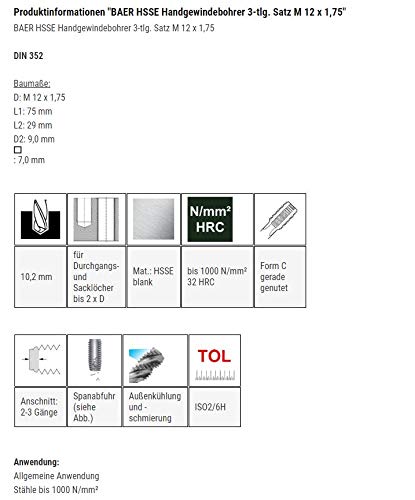 BAER HSSE Handgewindebohrer Set 3-tlg. Satz M 12 x 1,75 - Gewindebohrer - Gewinde schneiden, Gewindeschneider, Gewindeschneider Set