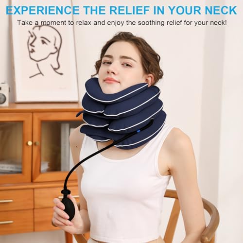 Image of Neck Stretcher Cervical Traction Device, Adjustable Inflatable Neck Brace with Breathable Washable Fabric, Home Use Neck Relief Tool for Effective Neck Decompression(Blue)