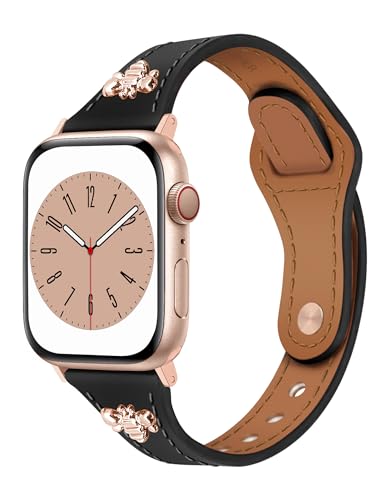 Newlibery Slim Leather Bands with Charms Women Compatible with Apple Watch Band 38mm 40mm 41mm Top Genuine Leather Strap New Buckle Thin Wristband for iWatch Series 9/8/7/6/5/4/3/2/1/SE/Ultra