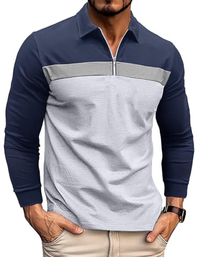 Image of Volemo Men's Zip Polo Shirt Long Sleeve Golf Rugby Shirt Blue White M