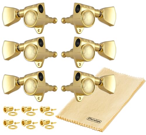 Tonebird Grover 102GK Rotomatics Guitar Tuners, Tuning Machines Set 3+3 Gold Keystone Button 14:1 with Tonebird Dunlop Polish Cloth Bundle Tuner Keys, Heads
