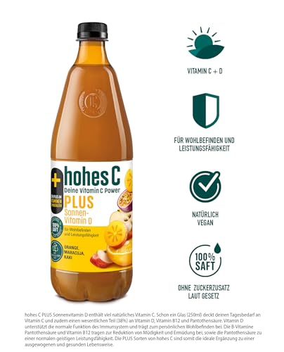 hohes C PLUS Sonnenvitamin D (6 x 1l), 100% Saft, Orange, Apfel, Maracuja, Zitrone, Kaki, Vitamin C, PLUS an Vitamin D, ohne Zuckerzusatz laut Gesetz, vegan