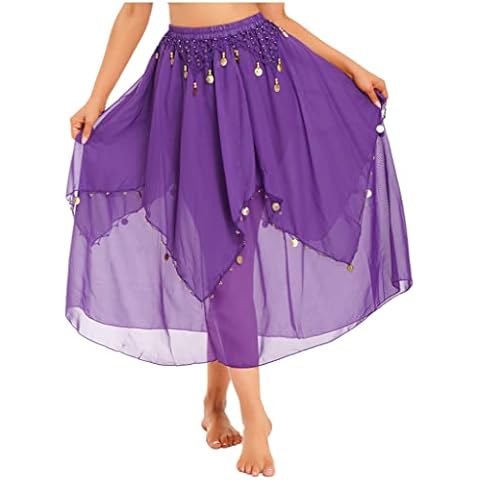 Jowowha Women Long Chiffon Training Performance Dancing Belly Dance Skirt with Coins Beads Trim Purple One Size Cover