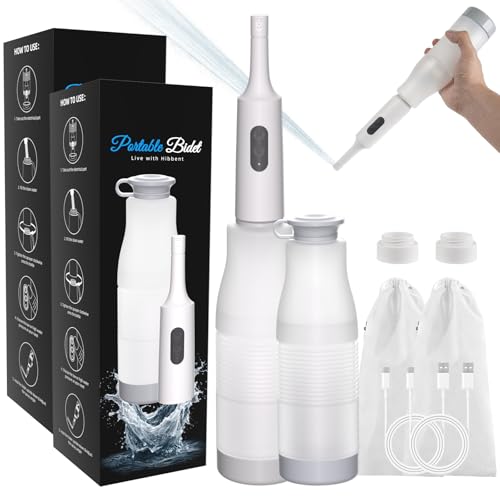 Image of Hibbent 2 Pack Portable Bidet for Travel, High Pressure Electric Handheld Bidet Sprayer, 350-550ML Expandable Bottle for Personal Hygiene, USB-C Rechargeable Waterproof Sprayer for Women & Men, White