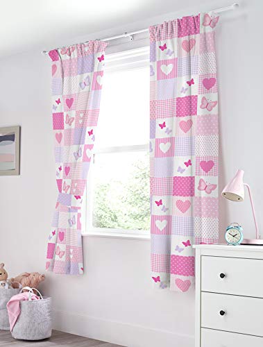 Bloomsbury Mill – Patchwork Cœurs et Papillons - Rose et Lilas - Paire de Rideaux Doublés pour Enfant avec Embrasses – 168 cm x 183 cm