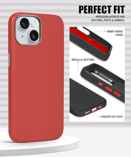 Image of WOW IMAGINE Back Cover for iPhone 13 | iPhone 14 | Shockproof Tough Leather Texture Hard Mobile Case | Ultra Slim Non-Slip Grip | Inner Velvet Fabric | Metal Camera Ring - Crimson Red