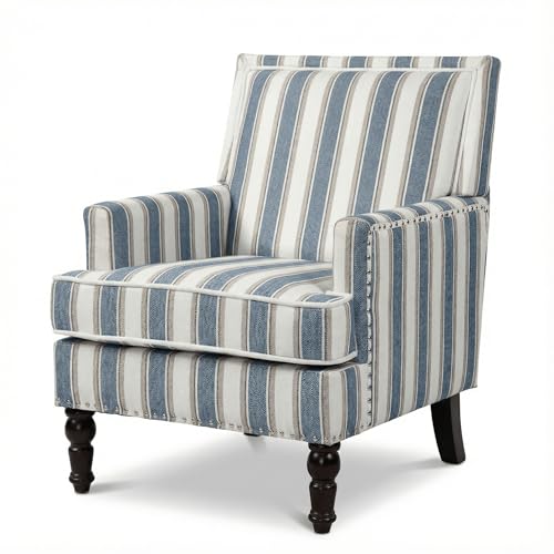 MNGLIRC Blue Striped Accent Chair for Living Room Bedroom - Comfy Cotton Linen Reading Chair, Coastal Nautical Armchair with Solid Wood Legs, Easy Assembly (Striped Blue)