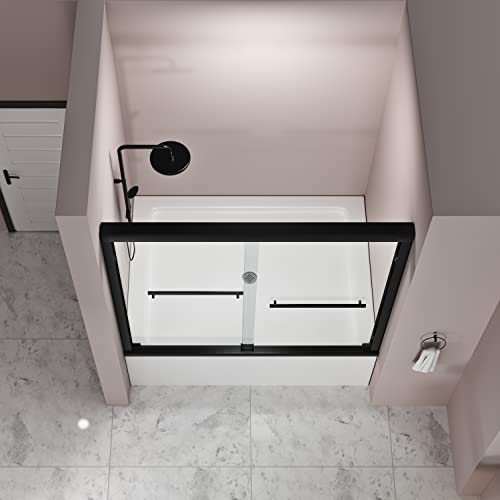 Delavin 56-59 In. Semi-Frameless Double Sliding Tub Door, Shower Door, Bypass Bathtub Door, Tub Shower Door, Sgcc Tempered Glass Door With Explosion-Proof Film, Stainless Steel, Matte Black #TOP2