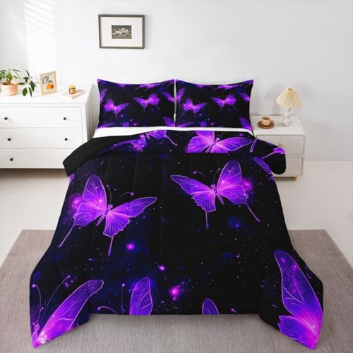 Image of Erosebridal Neon Purple Butterflies Comforter Full Size for Kids Boys Girls,Starry Sky Bedding Set,Outer Space Galaxy Duvet Insert,Elegant Wildlife Quilt Bedroom Decor