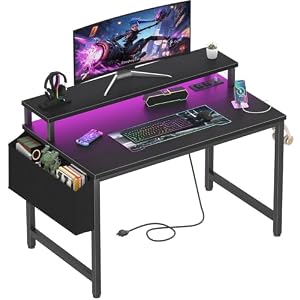 Lufeiya Small Desk with Power Outlets and LED Lights, 32 Inch Teen Writing Study Table Home Office Computer Desks with Monitor Stand, Gaming Desk with Charging Station, Black